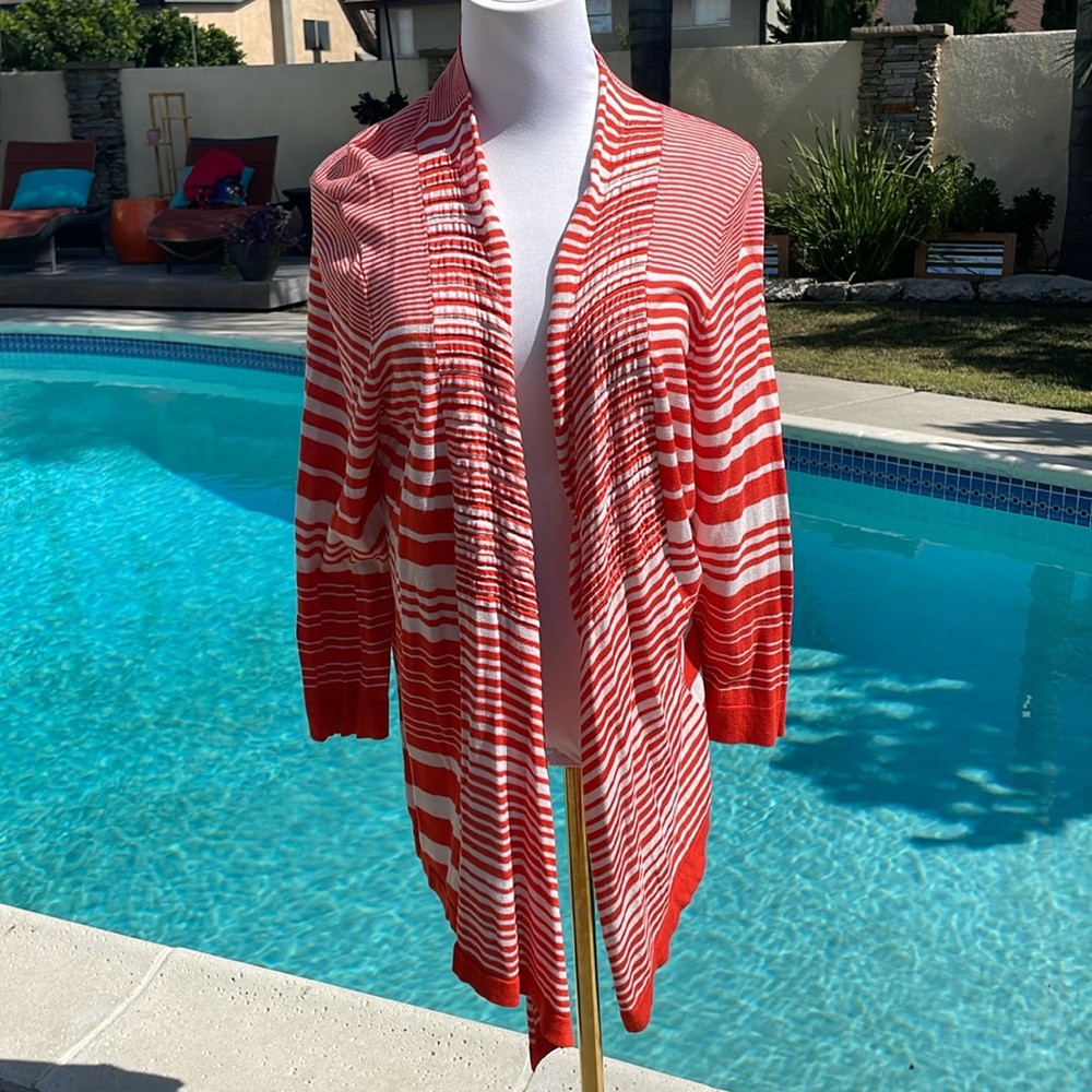 Beatrix Ost | Lightweight Orange and white pull close cardigan | Size L